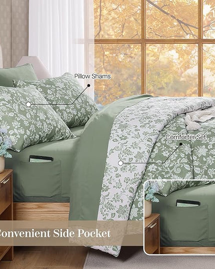 King Comforter Set -7 Pieces Floral Grey Green Comforter Set for All Seasons, Bed in a Bag King with Botanical Flowers Comforter, Sheets, Pillowcases & Shams