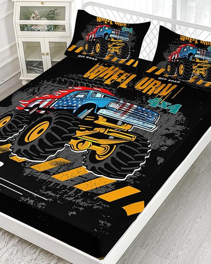AILONEN Cartoon Monster Truck Fitted Sheet Set Twin XL Size, Construction Vehicles Sheets, American Flag Bed Sheet Set 3 Pieces - 1 Fitted Sheet and 2 Pillowcases