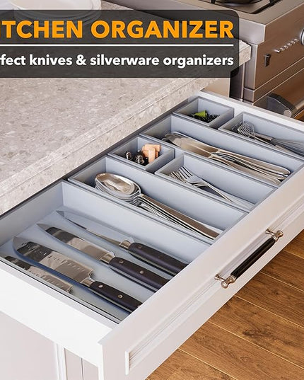 SpaceAid 7-Piece Bamboo Drawer Organizer Storage Boxes Set, Wood Tray Junk Drawer Organizers Multi-Use Divider Bins for Kitchen, Bathroom, Office Desk and Makeup Organization (7 Pack, Gray)