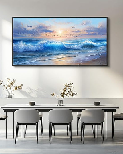 XIGUANGART Canvas Wall Art For Living Room Blue Sea Wave and Large Coastal Beach Paintings Sunrise Seascape Pictures Artwork Ocean Home Decorations Wall Decor for Bedroom Bathroom Hallway Office