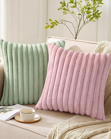 Pallene Faux Fur Plush Throw Pillow Covers 26x26 Set of 2, Luxury Soft Fluffy Striped Decorative Pillow Covers for Sofa, Couch, Living Room, Blush Pink