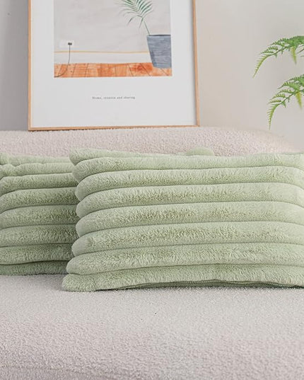 DEELAND Pack of 2,Double-Sided Faux Fur Plush Decorative Throw Pillow Covers Fuzzy Striped Soft Pillowcase Cushion Covers for Sofa Couch Bedroom Green 12x20 inch