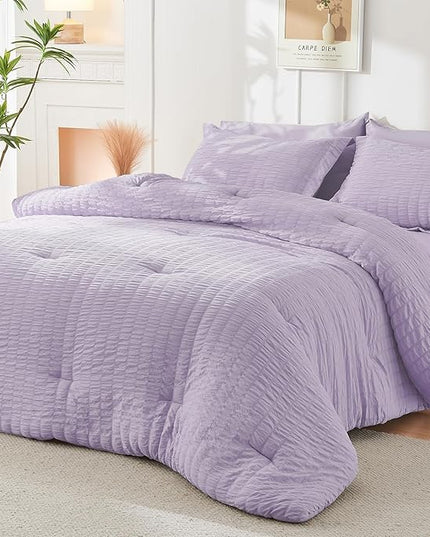 HYMOKEGE Lavender King Size Comforter Set Seersucker 7 Pieces, All Season Luxury Bed in a Bag for Bedroom, Bedding Set with Comforters, Sheets, Pillowcases & Shams
