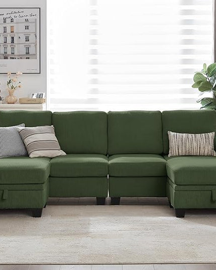 CHIC HOUSE Corduroy Modular Sectional Couch with Ottoman Chaise, L/U Shaped Sleeper Sofa for Living Room, Apartment, Lounge, Modern Armrest Neck Support Furniture (6 Seater Sectional, Green)