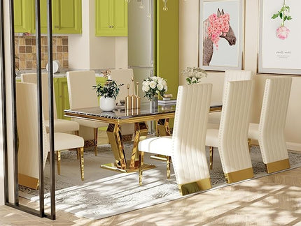 5 Piece Dining Table Set for 4, 78 inch Gold Dining Room Table Set with 4 White Leather Dining Chairs