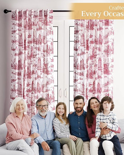 Maison d' Hermine Curtains for Living Room 100% Cotton 96 inch Length One Panel Light Filtering Toile Curtains for Bedroom with Rod and Loop Pockets (Calais Red (White Background), 50" W x 96" L)