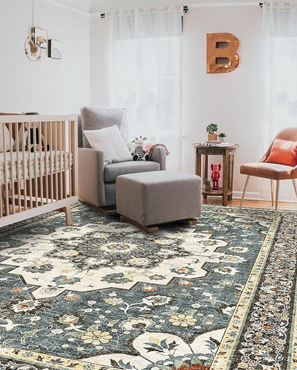Washable Oriental Area Rug - 8x10 Rugs for Living Room Soft Carpet for Bedroom Waterproof Floral Distressed Indoor Stain Resistant Non-Shedding Floor Carpets (Blue, 8x10)
