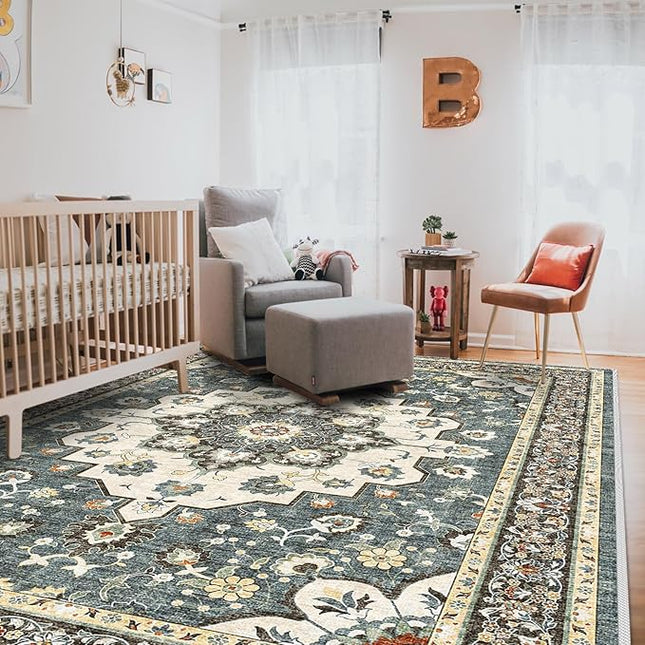 Washable Oriental Area Rug - 8x10 Rugs for Living Room Soft Carpet for Bedroom Waterproof Floral Distressed Indoor Stain Resistant Non-Shedding Floor Carpets (Blue, 8x10)