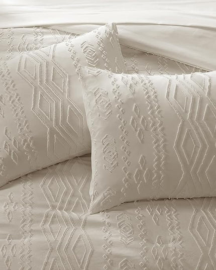 King Size Comforter Set Beige, Tufted Boho Bedding Farmhouse Bed Set, All Season 7 Pieces Bed in a Bag with Sheets, Pillowcases & Shams