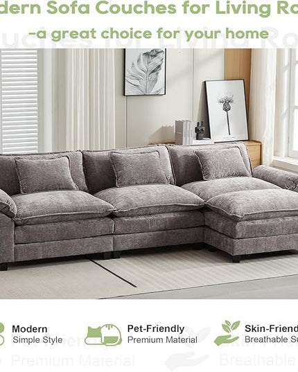 120" Modular Sectional Sofa, Comfy Cloud Couch Sectional Sofa with Ottoman, Chenille Sofa Sleeper Deep Seat Sofa with Throw Pillows for Living Room (Light Gray, 120"- L Shape)
