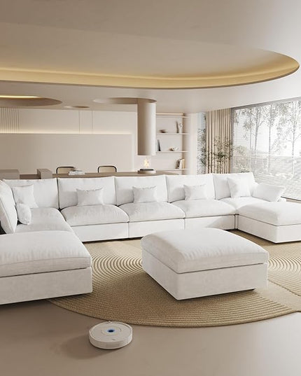 Cloud Couch for LivingRoom,190" U Shaped Modular Sectional Couch with Storage Ottoman,Down Filled 9 Seater Convertible Sleeper Sofa Bed Oversized Furniture,White