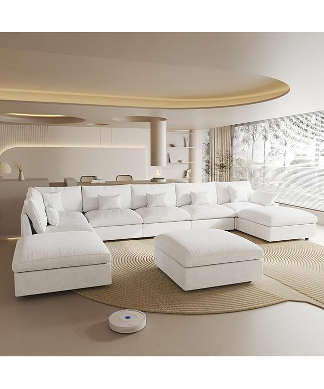 Cloud Couch for LivingRoom,190" U Shaped Modular Sectional Couch with Storage Ottoman,Down Filled 9 Seater Convertible Sleeper Sofa Bed Oversized Furniture,White