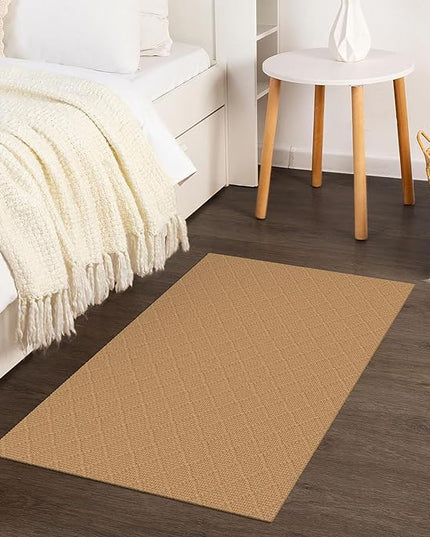 KOZYFLY Washable Area Rug 2x3 Ft Small Entryway Rug Throw Rugs with Rubber Backing Indoor Door Mat, Braided Cotton Floor Carpet for Front Entrance Bathroom Kitchen Foyer, Warm Tan
