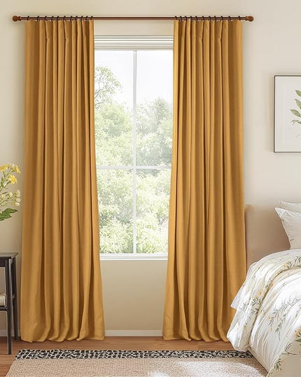 INOVADAY 100% Blackout Curtains for Bedroom, Black Out Curtains 102 Inch Long, Clip Rings Linen Blackout Drapes, Thermal Insulated Room Darkening for Living Room, 2 Panels - Mustard Yellow,W50xL102