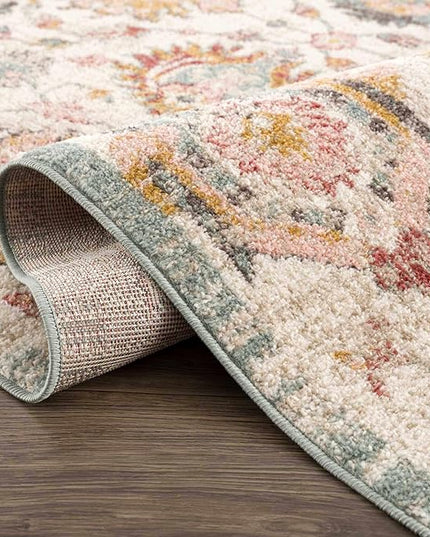 BoutiqueRugs Twilight Boho Vintage Colorful Area Rug - Farmhouse Traditional Floral Pink Carpet for Living Room, Bedroom - Cream, Green, Sage, Red, Gray, Taupe, Pink - 5'3" x 7' (5x7)