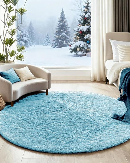 Ophanie Round Rug 4Ft Light Blue Circle Area Rugs, Fluffy Fuzzy Small Bedroom Carpet 4 Foot, Plush Shag Floor Living Room Christmas Circular Aesthetic Home Decor for Kids Teen Boys Baby, Nursery