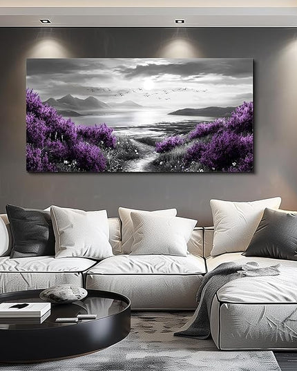 Canvas Wall Art for Living Room Large Wall Decor for Bedroom Modern Office Wall Decoration Purple Flowers Landscape Paintings Black and White Scenery Pictures Artwork Aesthetic Home Decor