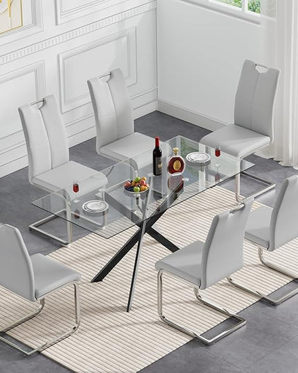 HomVent 7 Pieces Rectangular Glass Dining Table Table Set, Glass Kitchen Table Set for 6 with 6 PU Dining Chairs for Kitchen Dining Room
