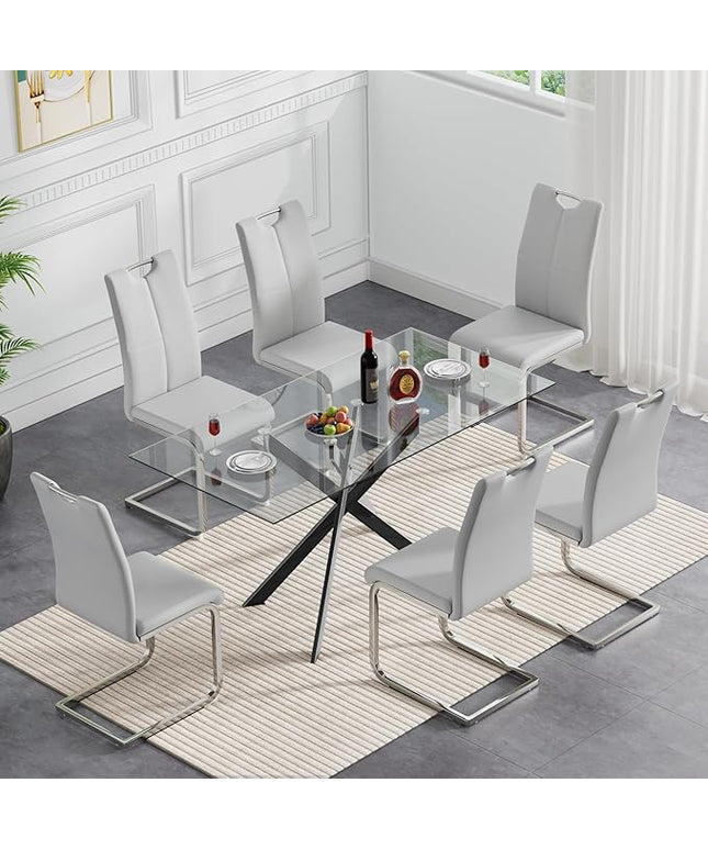 HomVent 7 Pieces Rectangular Glass Dining Table Table Set, Glass Kitchen Table Set for 6 with 6 PU Dining Chairs for Kitchen Dining Room