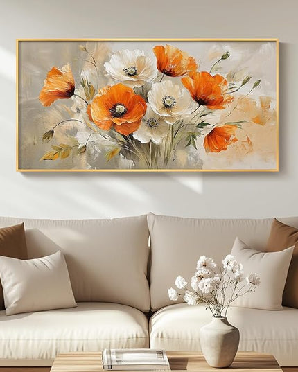 Large Floral Wall Art for Living Room, Gold Framed Orange White Flower Canvas Painting Prints Artwork, Modern Elegant Country Watercolor Flowers Picture for Bedroom Hallway Office Wall Decor, 20x40 In