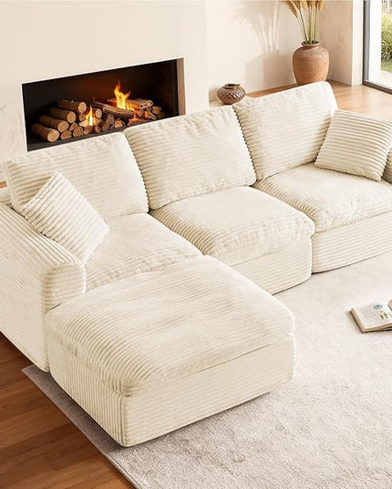 108” Modular Sectional Sofa Couches L Shaped Couch 3 Seater Cloud Sofa Memory Foam Sectional Couches for Living Room, Boneless Couch with Ottoman, Corduroy, Beige