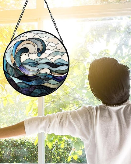 Stained Glass Window Hanging, Ocean Waves Sun Catchers Diamond Glass Panel Hangings Abstract Suncatcher Decor for Birthday for Women, Men, Wife, Aunt, and Mom 11.8x11.8 in