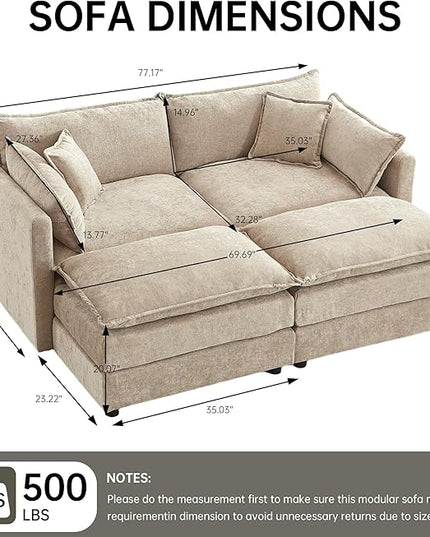 Modular Sectional Sofa, 77 Inch U Shaped Couch Set with Armrests, 2-Seater Comfy Cloud Couches for Living Room Apartment, Coffee