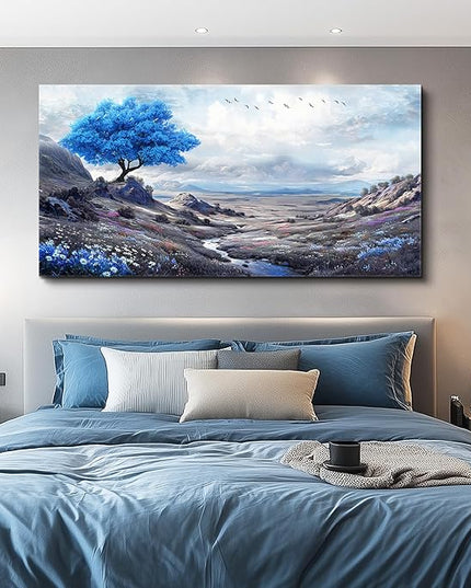 XIGUANGART Landscape Canvas Wall Art for Bedroom Blue Flowers Tree Art Prints Painting Nature Picture Modern Artwork Wall Decor for Living Room Kitchen Home Office Mural Posters Gift 20"X40"