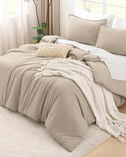 Litanika Khaki Comforter Set Queen Size, 3 Pieces Solid Bedding Comforter Set, All Season Down Alternative Bed Set (90x90In Comforter & 2 Pillowcases)