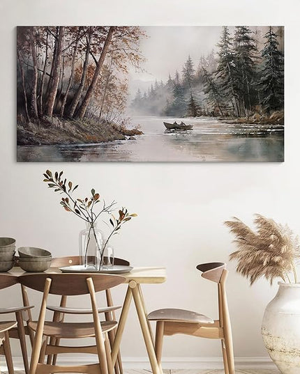 HGUAOA Mountain Canvas Wall Art Rustic Lake Landscape - Nature & Forest Scenery Paintings Pictures for Living Room & Bedroom Wall Decor Vintage Artwork for Walls