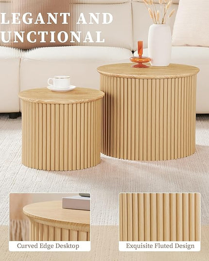 Fluted Round Nesting Coffee Table Set of 2, Small Coffee Table Circle Side Table, Boho Modern Wood Nesting Table Farmhouse End Tables Set for Living Room, Bedroom, Small Spaces(Natural)