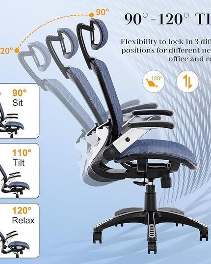 GABRYLLY Ergonomic Office Chair, High Back Mesh Desk Chair with Adjustable Headrest, Flip-Up Arms, 90-120° Tilt Lock, Lumbar Support and Comfy Seat, Swivel Computer Task Chair, Blue
