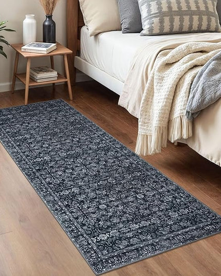2x5 Washable Runner Rug Black Small Area Rugs for Entryway, Soft Non-Slip Indoor Door Mat Distressed Floral Low-Pile Neutral Vintage Carpet for Entrance Kitchen Bedside Farmhouse