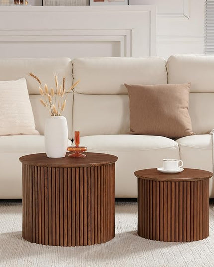 Small Fluted Round Nesting Coffee Table Set of 2, Mid Century Modern Coffee Table Circle Side Table, Wood Nesting Table Farmhouse End Tables Set for Living Room, Bedroom, Small Spaces(Walnut
