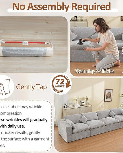 155''Cloud Boneless Sectional Couch, Modular Sectional Sofa Deep Seat, Oversized Upholstered Convertible Comfy 4 Seater Chenille Memory Foam Sofa Couches for Living Room, Light Grey