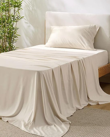 Bedsure Cooling Sheets Twin, Rayon Derived from Bamboo, Breathable & Soft Twin Sheets Set, Deep Pocket Up to 16 Inches, Hotel Luxury Silky Bedding for Hot Sleepers, Light Beige