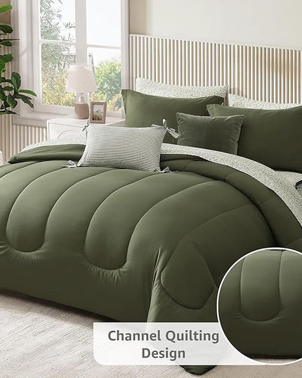 Monbix Full Comforter Set - 7 Pieces Olive Green Bed in a Bag Full Size Track Stitching Bedding Sets, All Seasons Down Alternative Comforter with Sheets,Pillowcases & Shams