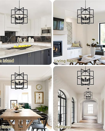 19'' Black Chandelier for Dining Room, 5-Light Modern Farmhouse Chandelier with Geometric Cage Adjustable Industrical Hanging Pendant Light Fixture for Kitchen Entryway Hallway Foyer Bedroom