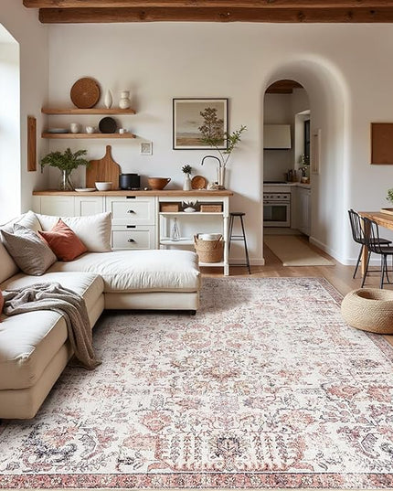 jinchan Kalen Area Rug 9x12 Washable Living Room Rug Vintage Indoor Large Floor Cover Retro Accent Mat Distressed Floral Country Boho Non Slip Thin Carpet for Bedroom Dining Room Office Red Multi