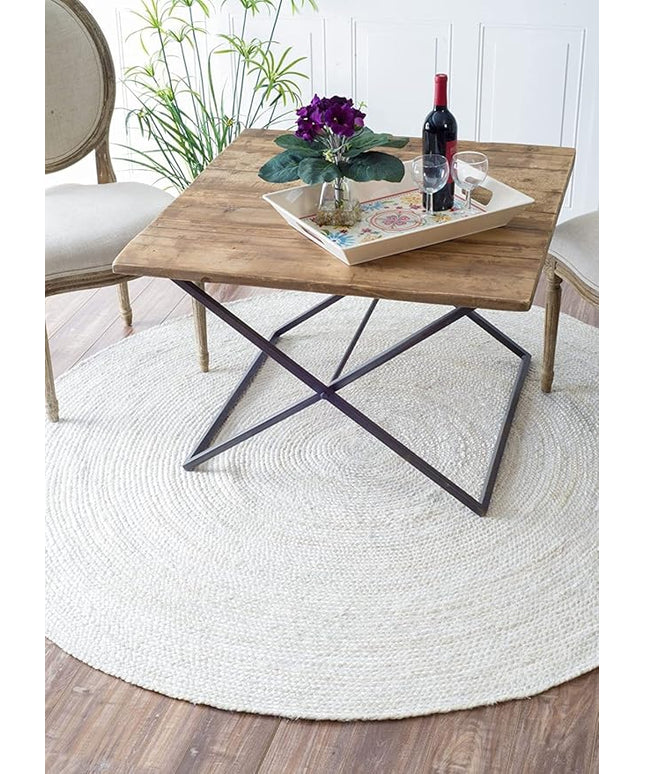 FRELISH DECOR Handwoven Jute Area Rug- Off-White Round Rustic Vintage Braided Reversible Rug- Eco Friendly Rug for Bedroom, Kitchen, Living Room, Farmhouse (10 Feet Round - Off-White)