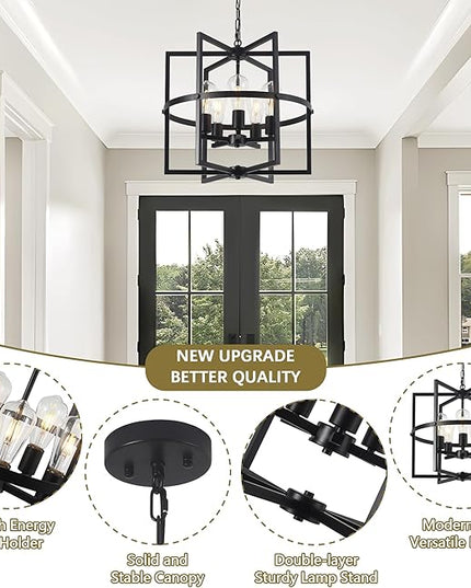 19'' Black Chandelier for Dining Room, 5-Light Modern Farmhouse Chandelier with Geometric Cage Adjustable Industrical Hanging Pendant Light Fixture for Kitchen Entryway Hallway Foyer Bedroom