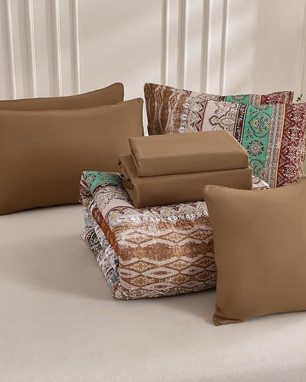 Cottolester Boho Comforter Set Full Size 8 Pieces, Brown Bohemian Striped Bed in a Bag, Paisley Soft Microfiber Bedding Comforter Set