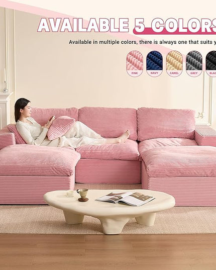 106.3” Sectional Couches for Living Room, Cloud Couch, Modular Sectional Sofa, Convertible Sofas Bed, Deep Seat Sofa, U Shaped Cozy Sofa Furniture Set, Corduroy, Pink
