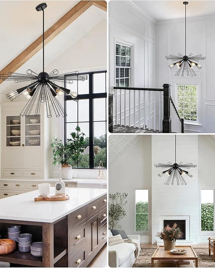Modern 6-Light Sputnik Black Chandelier, 32.3" Starburst Light Fixture, Modern Chandelier Light Fixtures for Dining Room, Living Room, Kitchen, Foyer, Height Adjustable