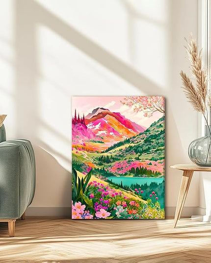 DUWQU 3 piece Colorful Watercolor Mountain Canvas Wall Art Boho Floral Painting Picture Wall Decor Abstract Nature Landscape Poster Print Artwork for Living Room Bedroom Bathroom Office 16x24 Inches