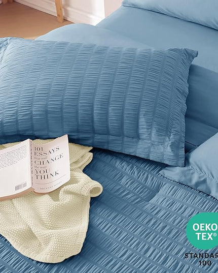 MUXHOMO 7 Pieces Full Comforter Set, Seersucker Bed in a Bag Full Size, All Season Luxury Bedding Set with Comforter, Flat Sheet, Fitted Sheet, Pillowcases & Shams, Mineral Blue