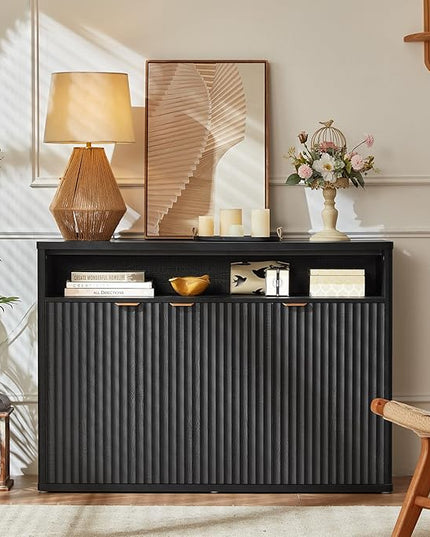 LEYAOYAO Fluted Buffet Cabinet with Storage, 45" Wide Wood Sideboard Credenza with 3 Doors & Open Storage Shelf, Modern Kitchen Console Accent Cabinets, Coffee Bar Table for Dining Room, Black Oak