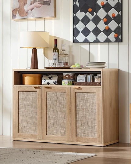 LEYAOYAO Rattan Sideboard Buffet Cabinet,45" Coffee Bar Cabinet with 3 Doors & Open Storage Shelf,Modern Credenza Console Table for Living Room Rattan Farmhouse entryway Natural