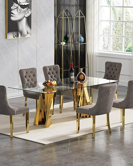 7 Piece Dining Table Set with 6 Grey Dining Chairs, Modern Glass Kitchen Table and Chairs Set for 6, 70" Rectangle Gold Glass Pedestal Dining Room Tables with Flash-Shape Stainless Steel Base