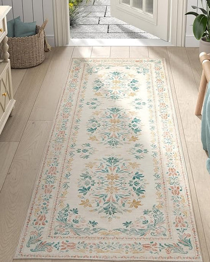 jinchan Hallway Runner Rug 2x8 Vintage Floral Distressed Design - Machine Washable Non-Slip Low-Pile Soft Thin Faux Wool Kitchen Carpet for Farmhouse Bedroom Laundry Room(2x8ft, Apricot Multi)